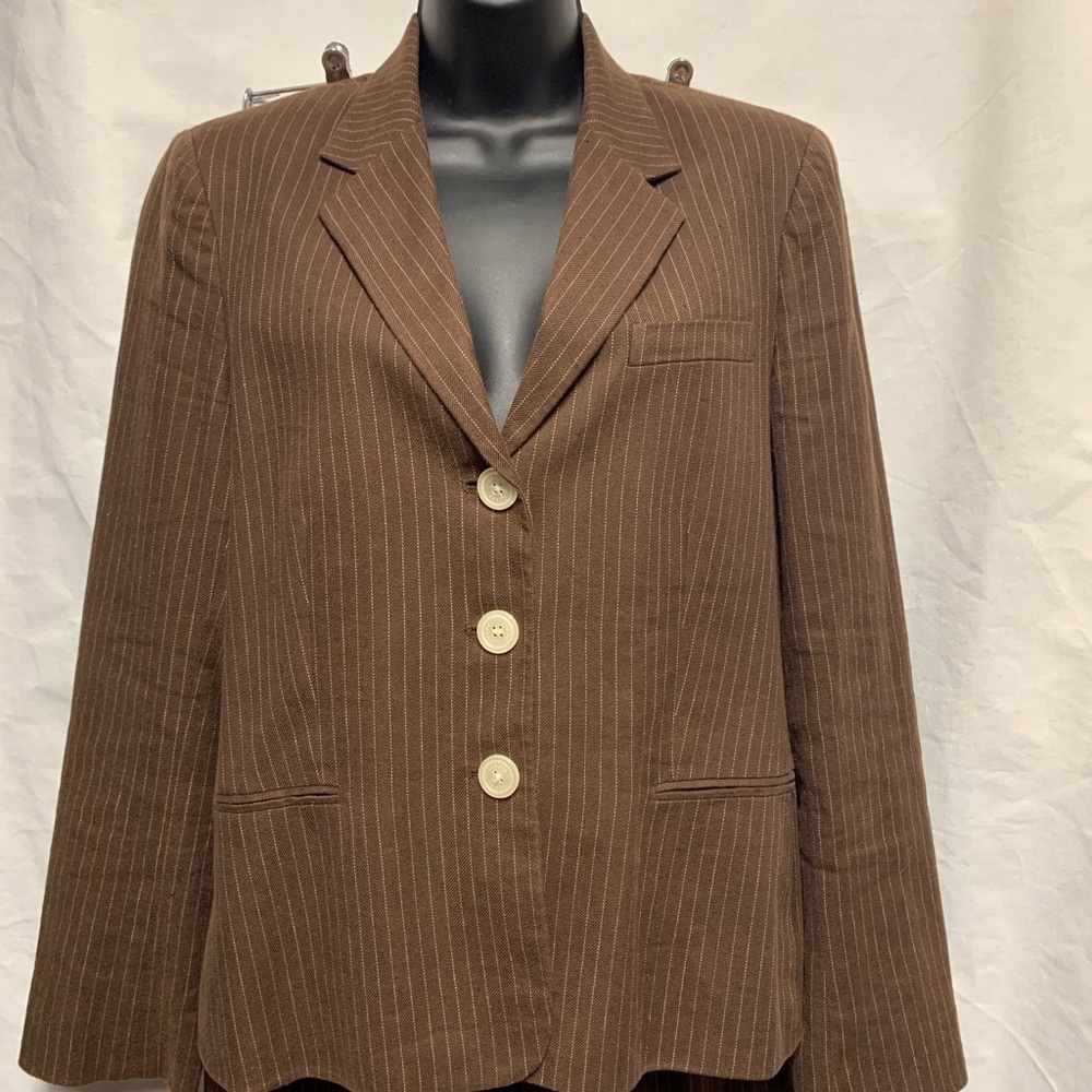 Chaps Menswear Classic Brown Pinstripe Pantsuit Linen Blend